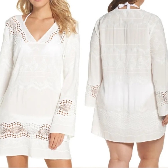 La Blanca Dresses & Skirts - La Blanca Resortwear beach cover mini dress, white, embroidered boho crochet M